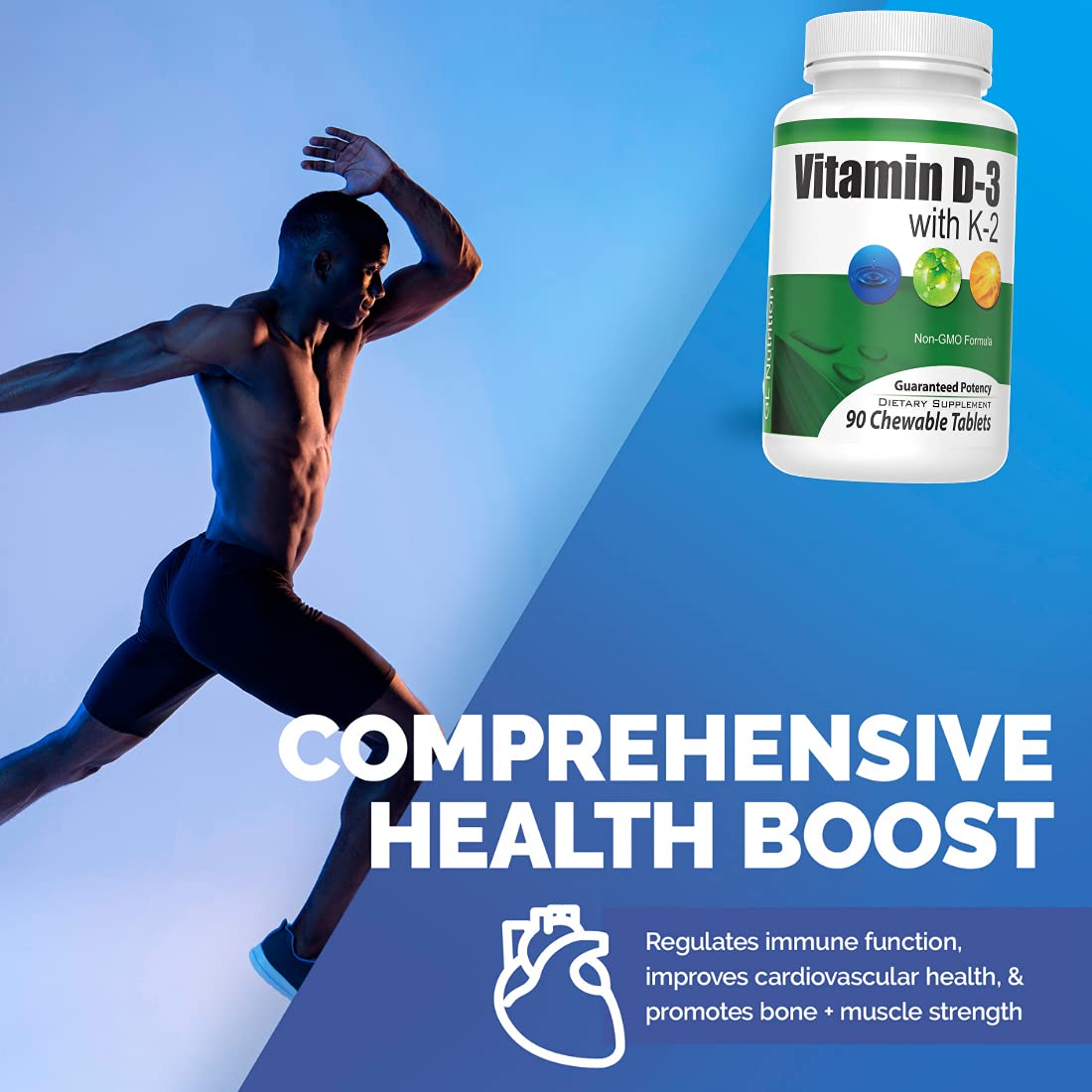 Frasco de vitamina D3 + K2 90 tabletas masticables GL Nutrition