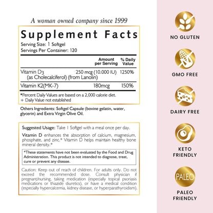 Frasco de vitamina D3+K2, sin OMG ni gluten, para salud ósea.