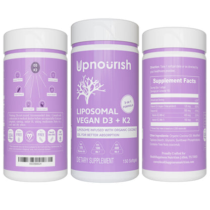 Frasco vitamina D3 y K2 vegano UpNourish con aceite de coco orgánico