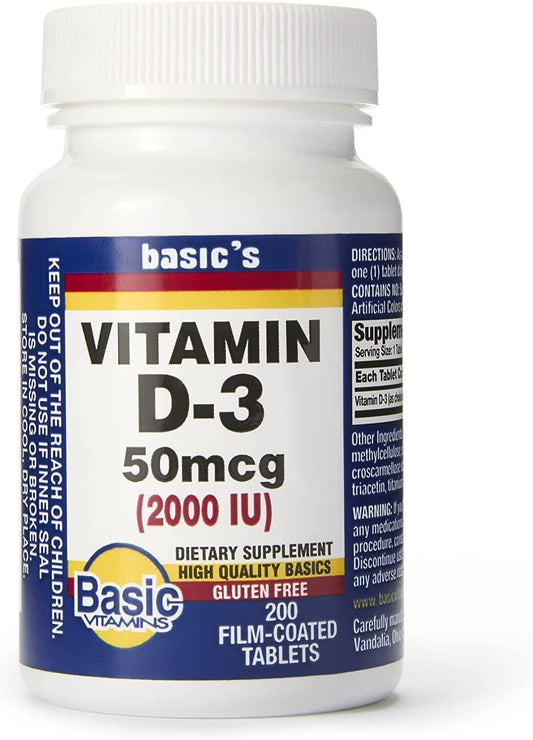Frasco de vitaminas naturales vitamina D-3 Basic Drugs