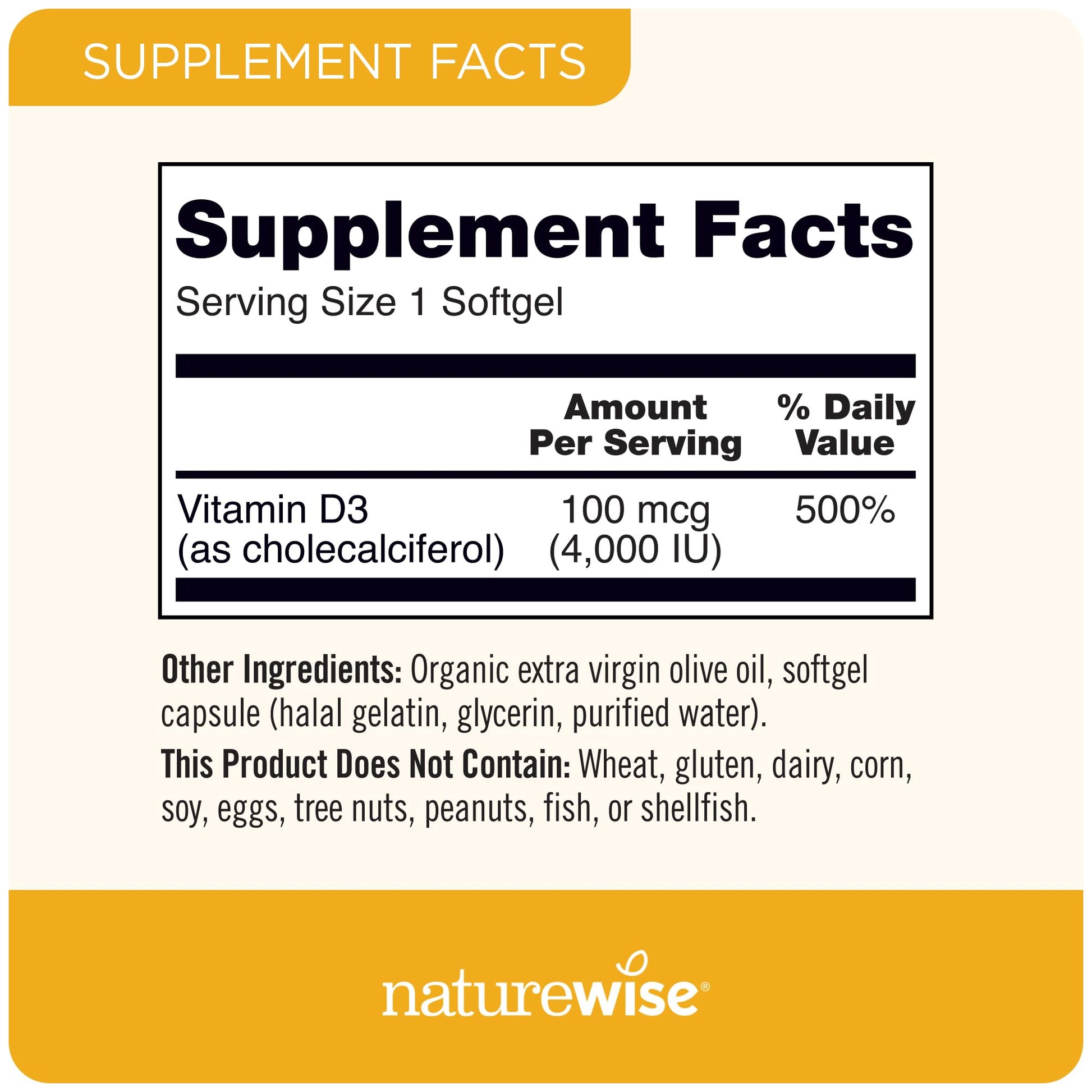 Frasco vitamina D3 NatureWise con cápsulas amarillas