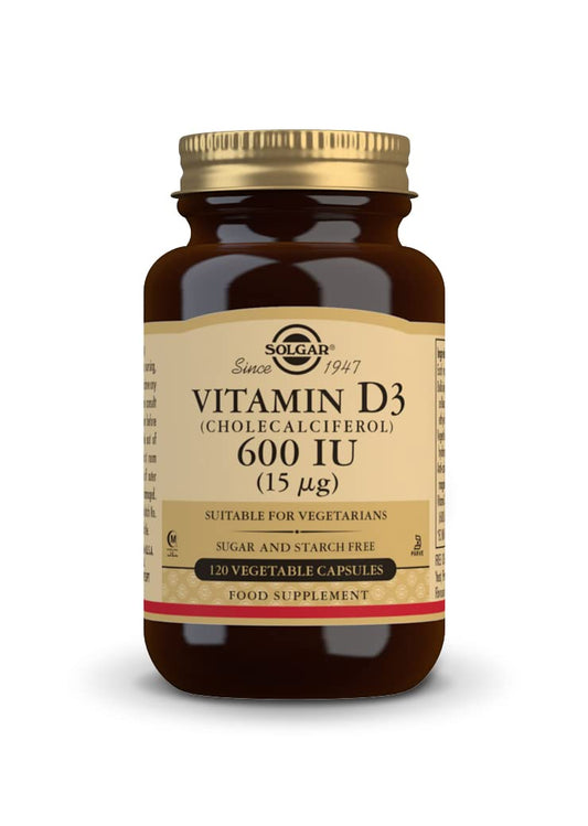 Frasco de vitamina D3 Solgar 600 UI en cápsulas vegetales