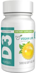 Frasco de vitamina d3 vegana Vegan Life Nutrition 5000 UI 60 cápsulas