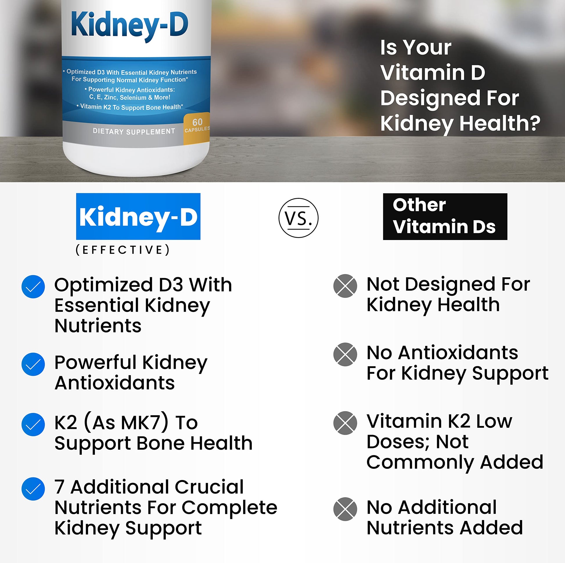 Frasco de vitamina D3 y vitaminas para soporte renal Kidney-D