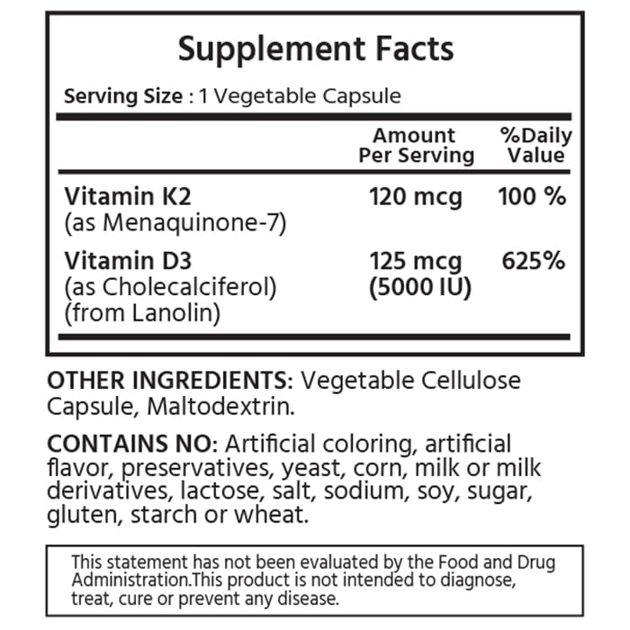 Frasco Vitamina K2 + D3 cápsulas vegetales ML Naturals