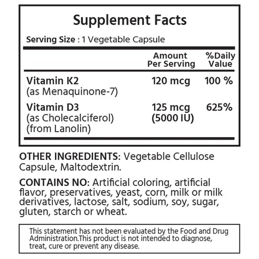 Frasco Vitamina K2 + D3 cápsulas vegetales ML Naturals
