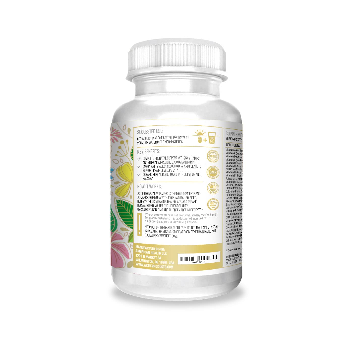 Frasco vitamina prenatal Actif con mezcla herbal orgánica
