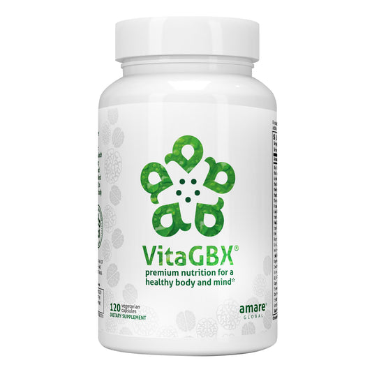 Frasco de VitaGBX multivitaminas Amare Global 120 cápsulas