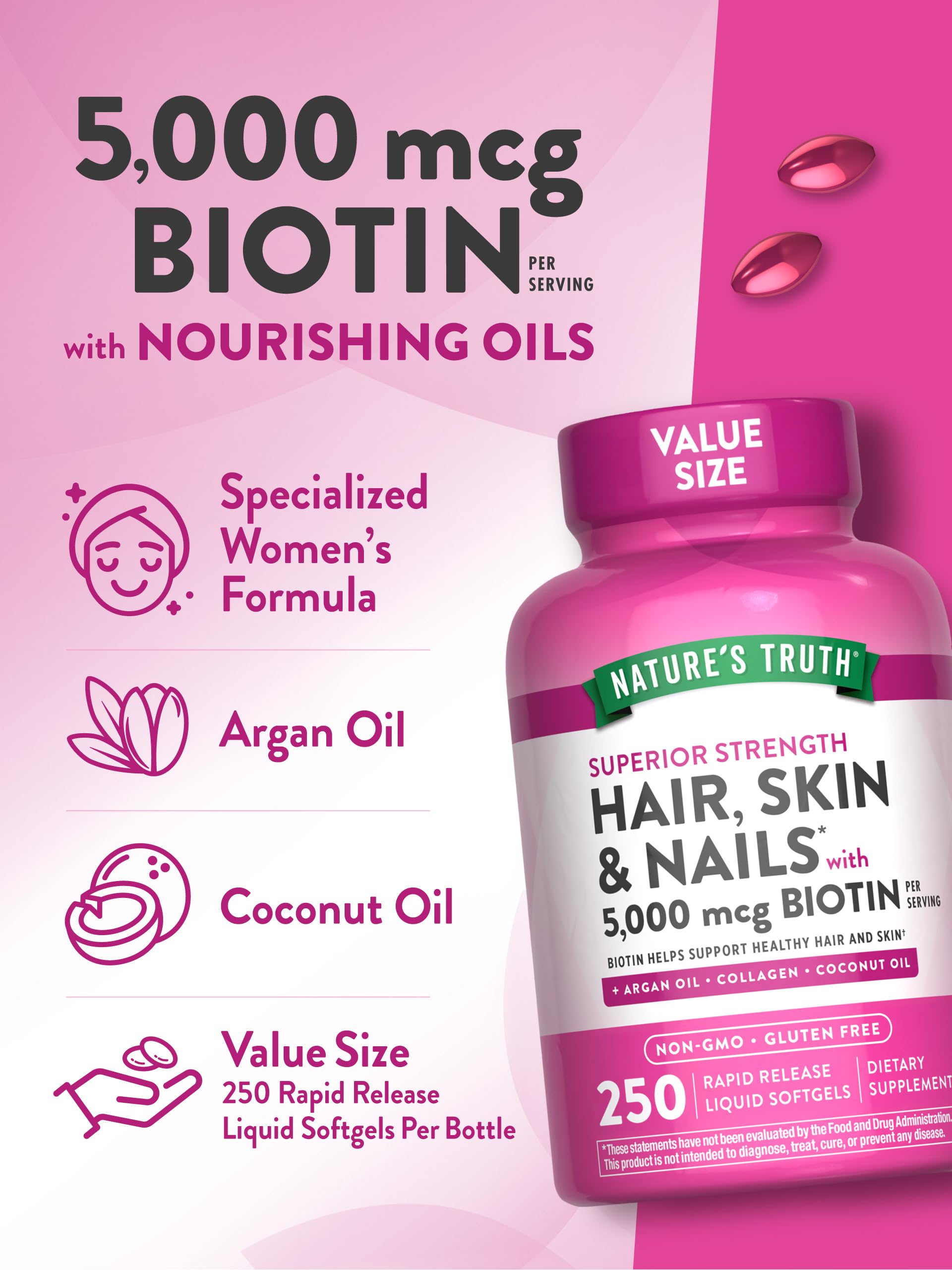 Frasco de vitaminas cabello piel y uñas Nature's Truth