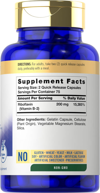 Frasco vitaminas Carlyle B2 200mg cápsulas vegetarianas
