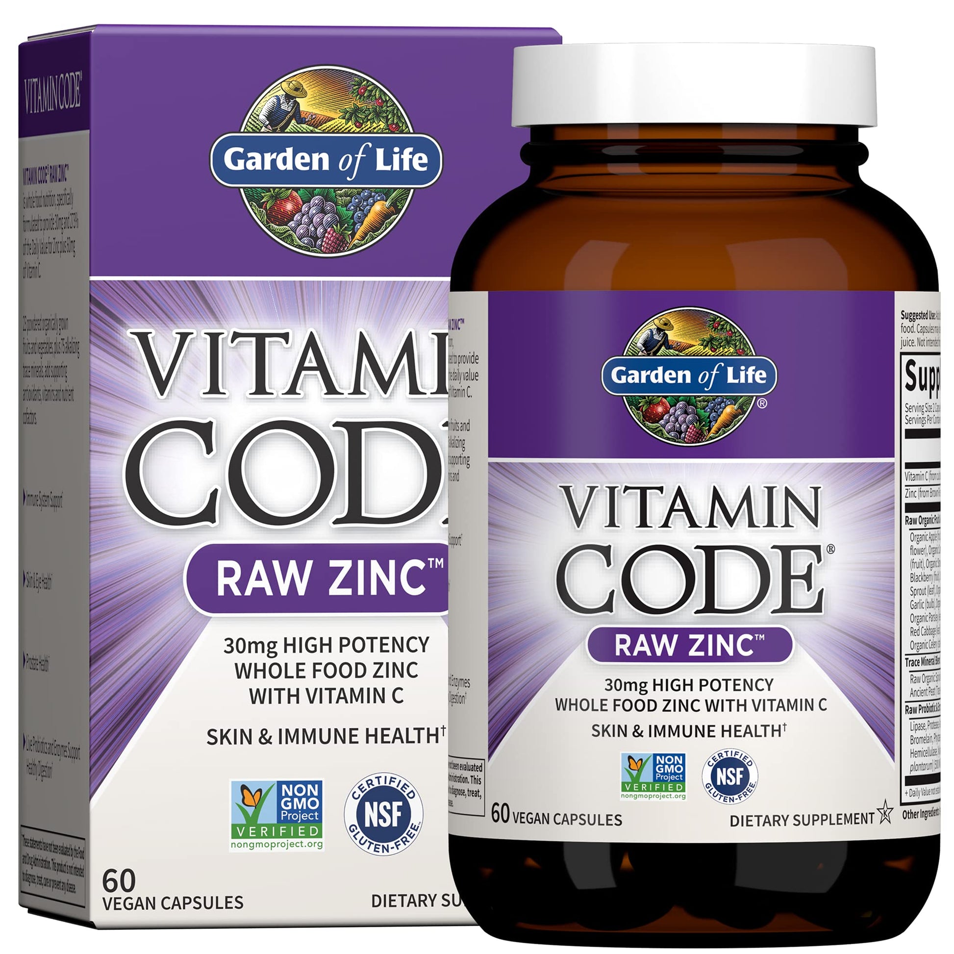Frasco vitaminas Garden of Life con vitamina D, B12, zinc y vitamina C