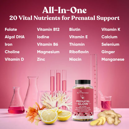 Frasco de vitaminas Glow con nutrientes para desarrollo fetal