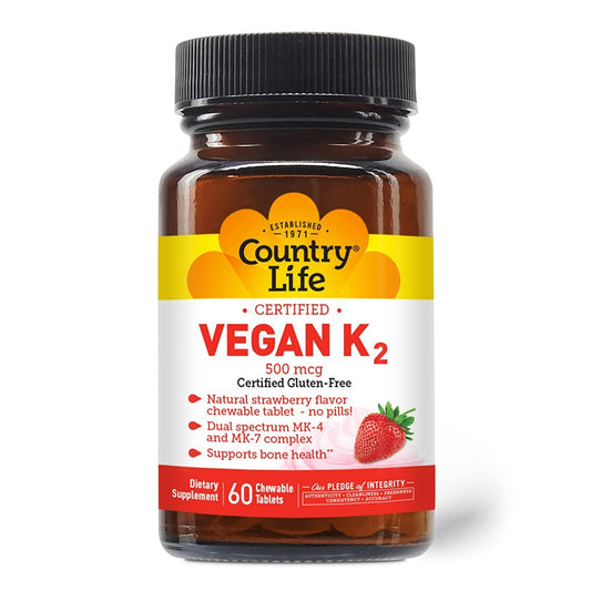 Frasco vitaminas k2 veganas country life 60 tabletas masticables fresa