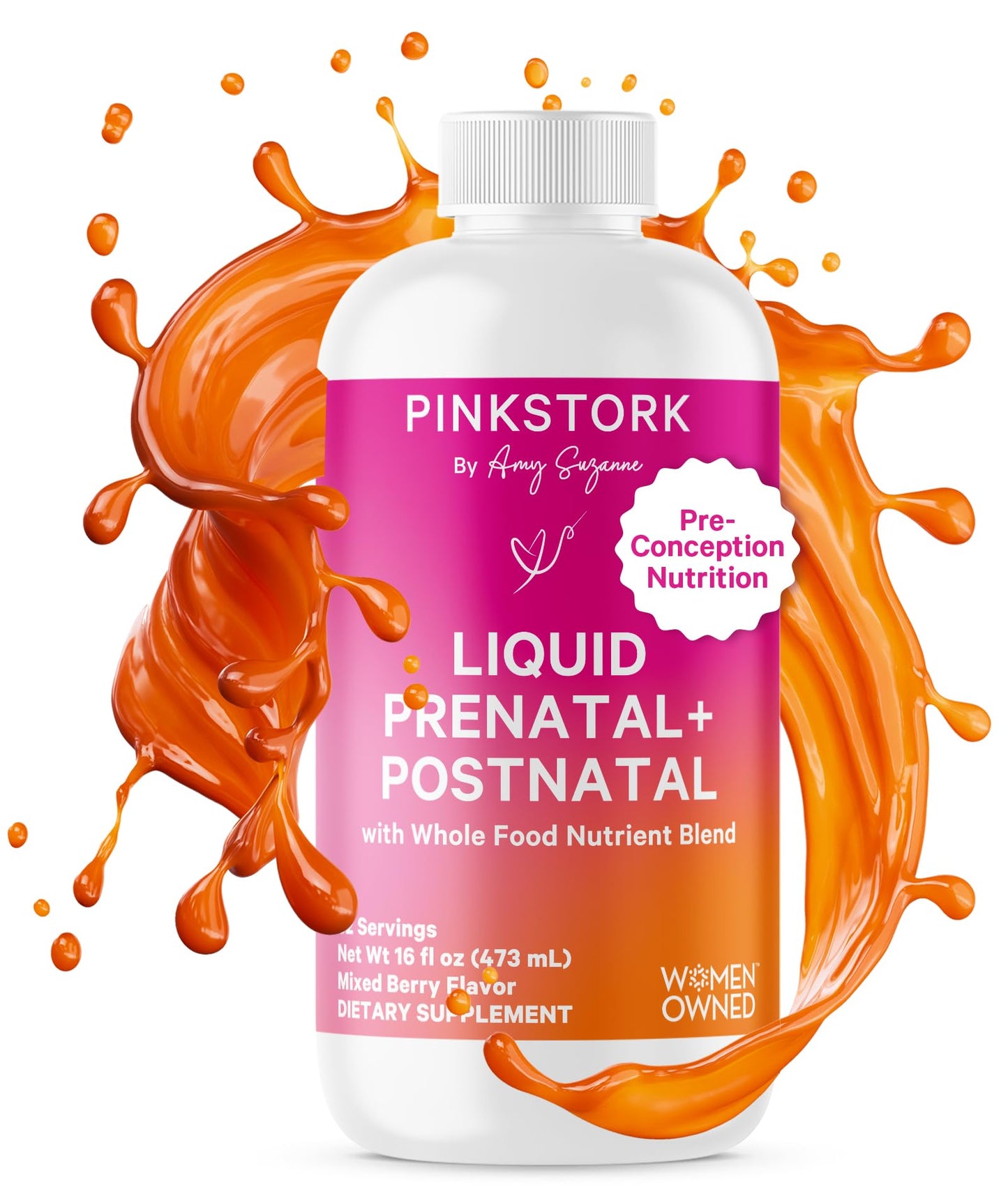 Frasco vitaminas líquidas prenatales Pink Stork sabor baya