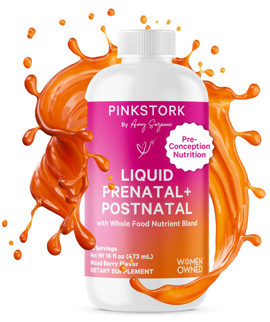 Frasco vitaminas líquidas prenatales Pink Stork sabor baya