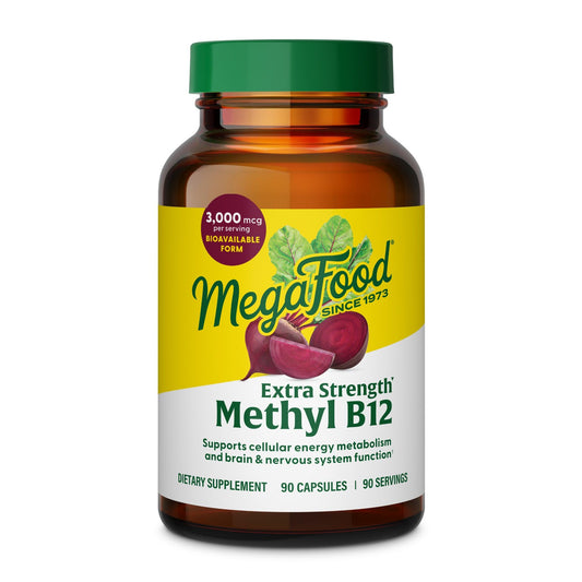 Frasco de vitaminas MegaFood Metil B12 3000mcg veganas