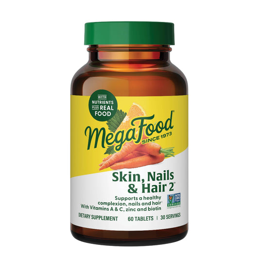 Frasco vitaminas MegaFood para piel uñas cabello 60 tabletas vegano