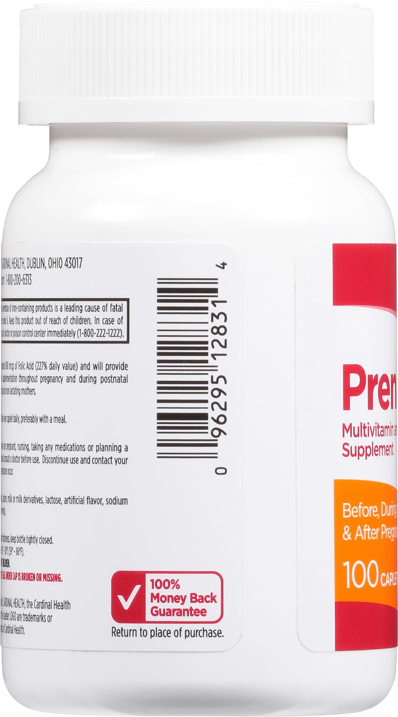Frasco de vitaminas prenatal con precauciones y código de barras