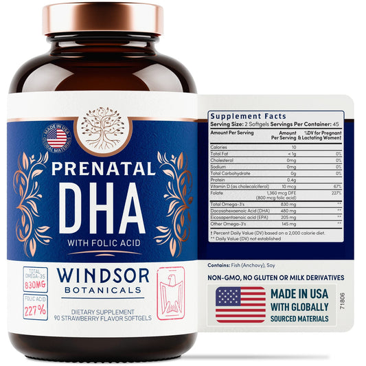 Frasco de vitaminas prenatales con DHA y ácido fólico 90 softgels