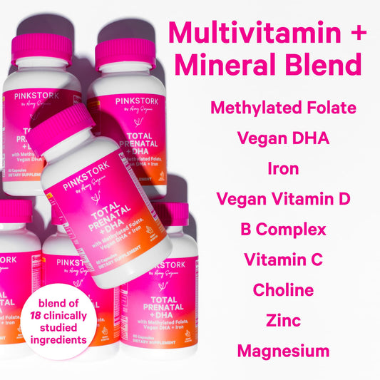 Frasco vitaminas prenatales Pink Stork 60 cápsulas berry