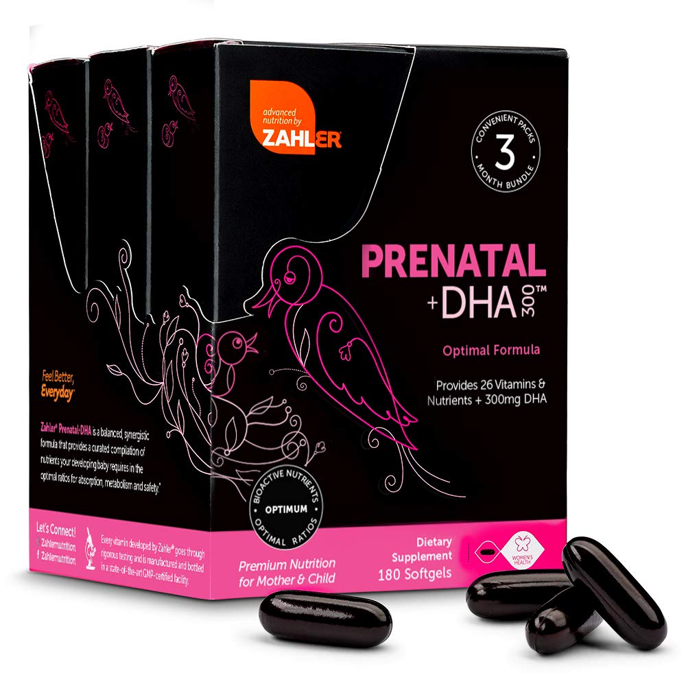 Frasco de vitaminas prenatales Zahler con DHA y folato
