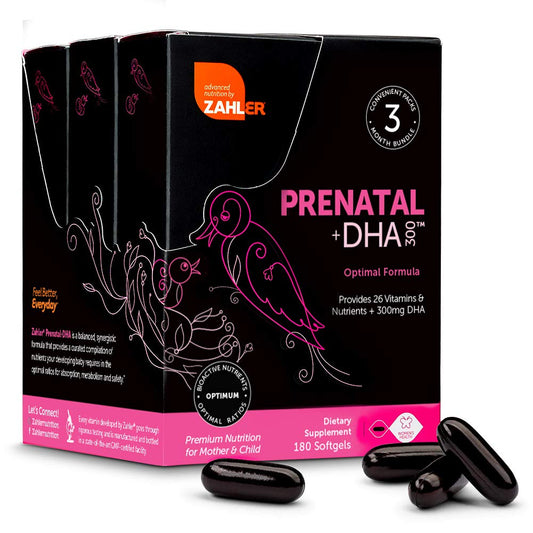 Frasco de vitaminas prenatales Zahler con DHA y folato