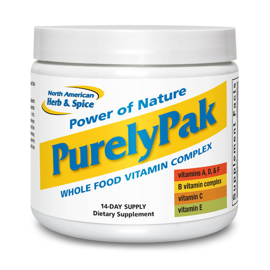 Frasco de vitaminas Purely Pak con ingredientes naturales