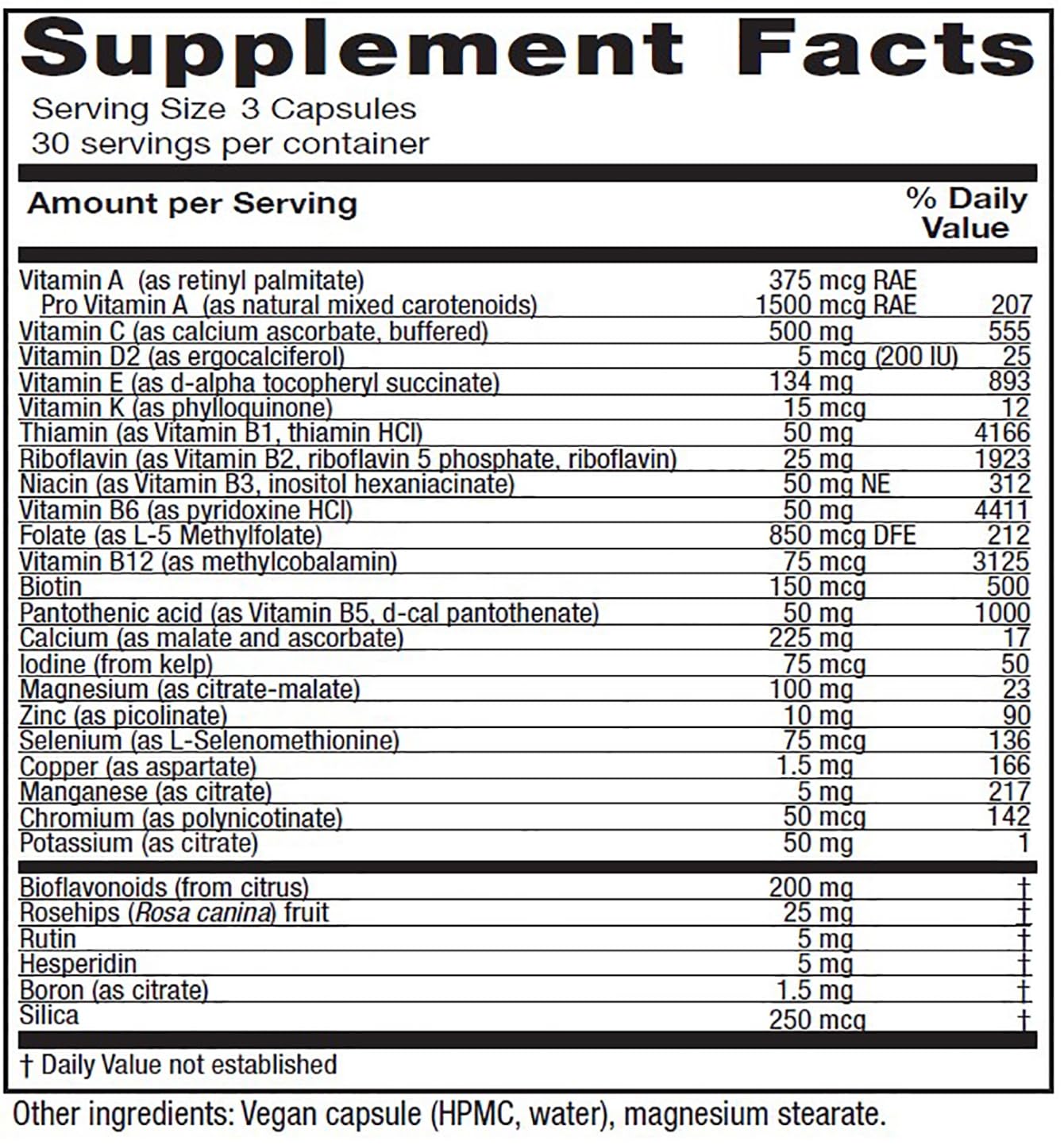 Frasco de Vitanica Women's Symmetry con información nutricional