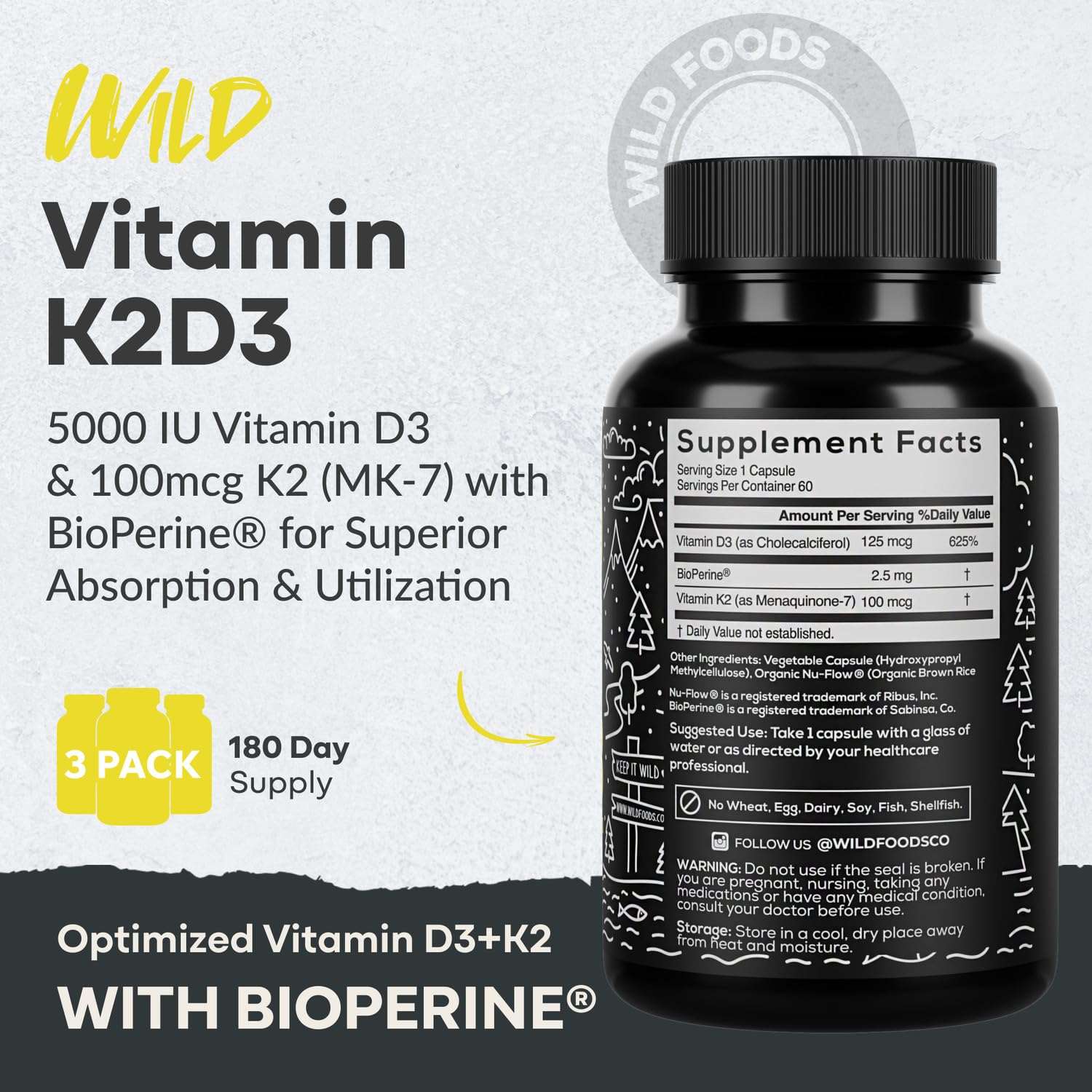 Frasco Wild Foods suplemento vitamina D3 K2 con pimienta negra