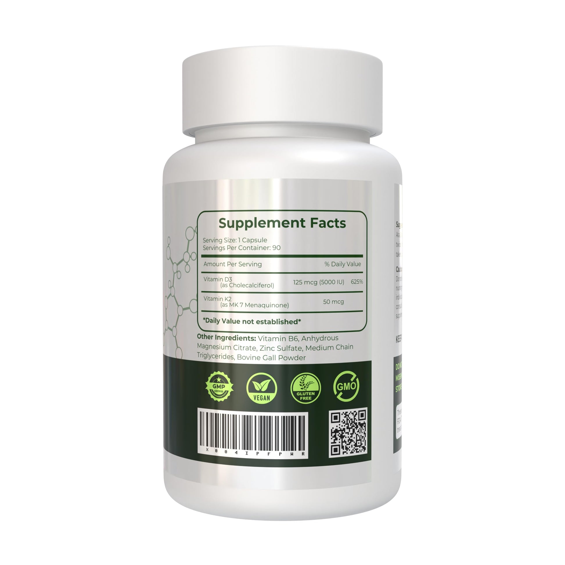 Frasco ZAFiNCO cápsulas de vitamina d3 5000ui y k2 mk7
