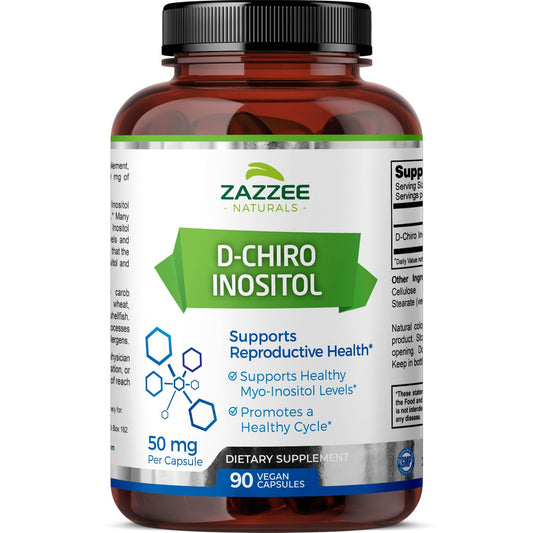 Frasco de Zazzee D-Chiro Inositol 50 mg 90 cápsulas veganas para fertilidad