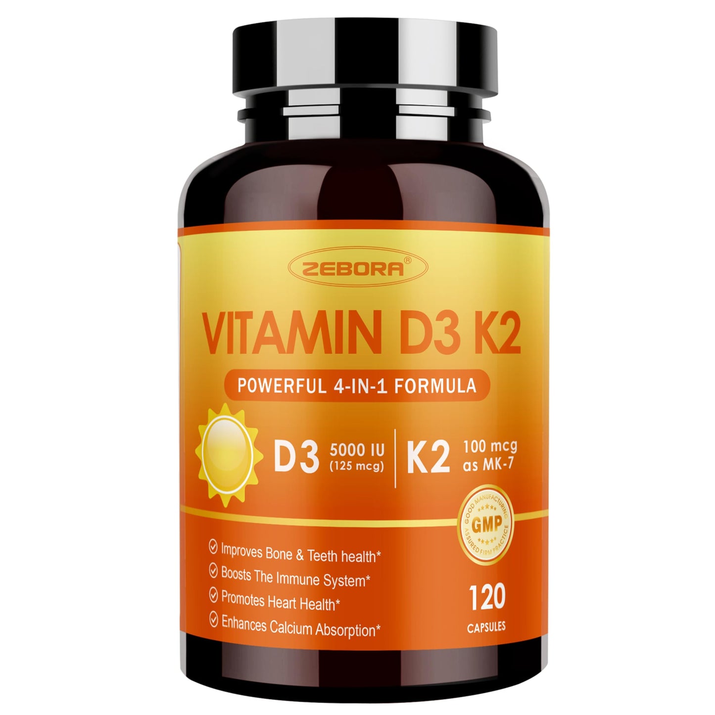 Frasco ZEBORA vitamina D3 K2 5000 IU 120 cápsulas