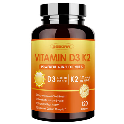 Frasco ZEBORA vitamina D3 K2 5000 IU 120 cápsulas