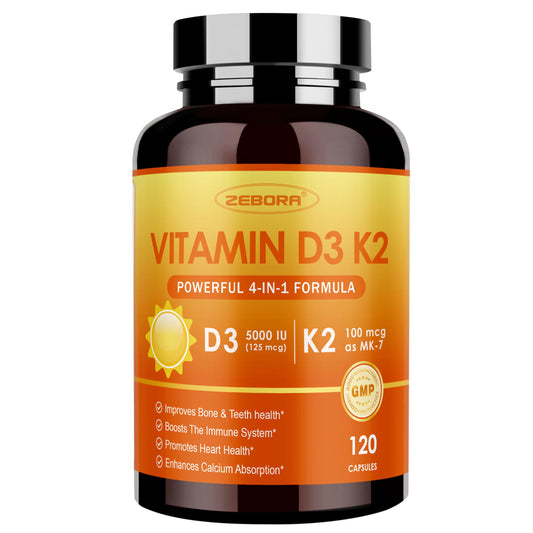 Frasco ZEBORA vitamina D3 K2 5000 IU 120 cápsulas