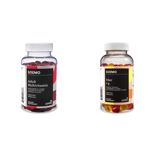 frascos de gomitas multivitamínicas y de fibra solimo sobre fondo blanco