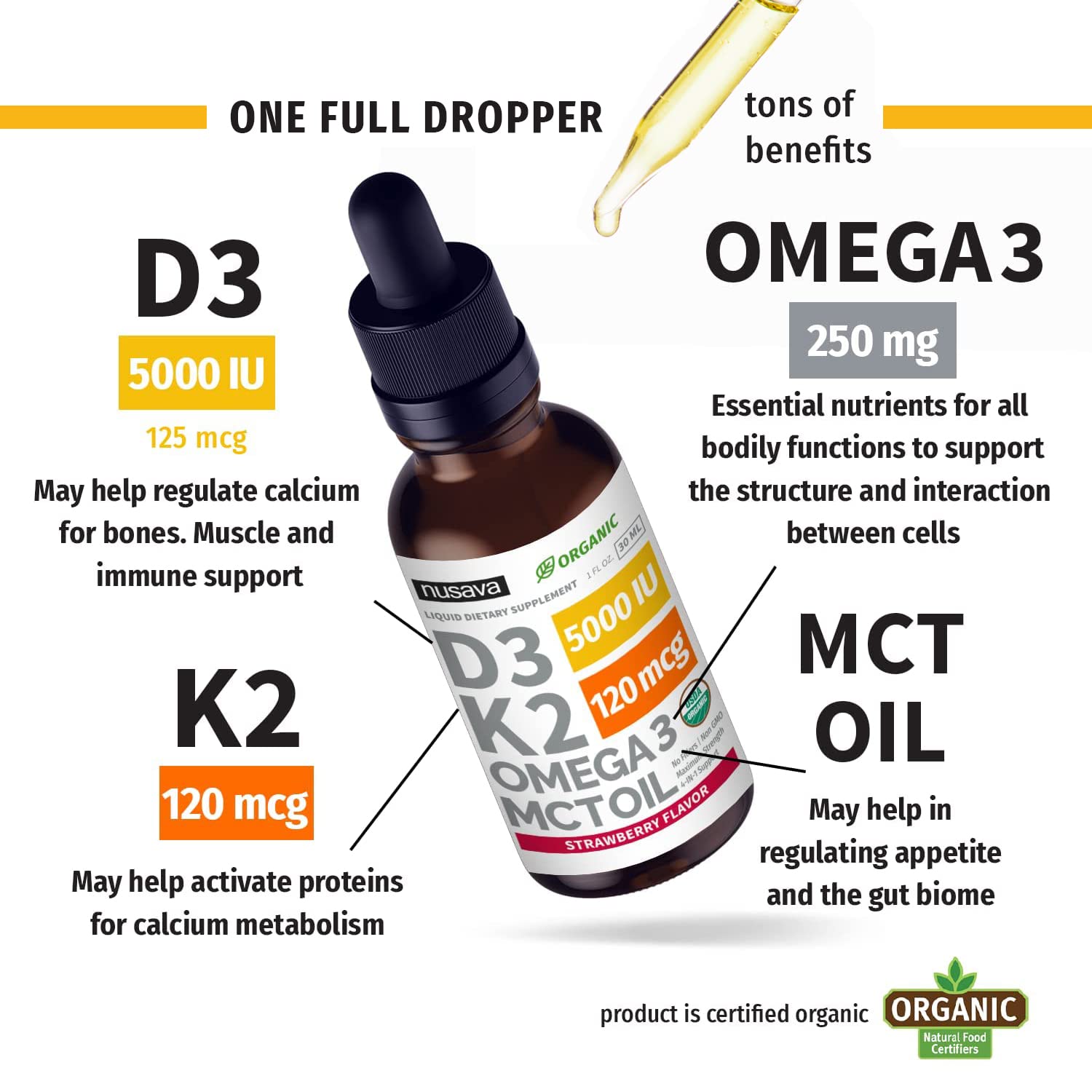 Frascos gotas líquidas NUSAVA Vitamina D3 K2 sabor fresa