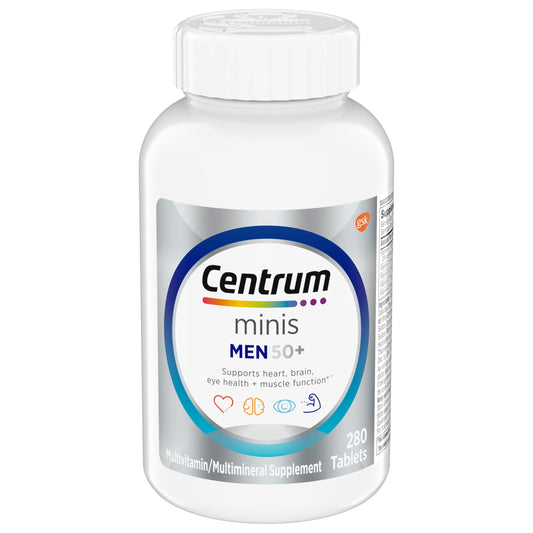 Frasco de multivitaminas Centrum Minis para hombres 50+ resistente a la edad.