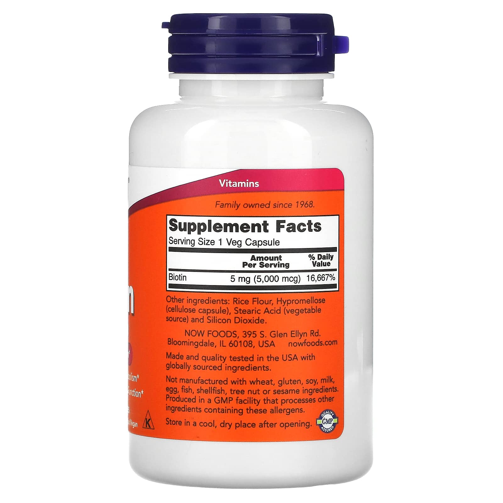 Frasco de Now Foods Biotina 5 mg con 120 cápsulas vegetarianas