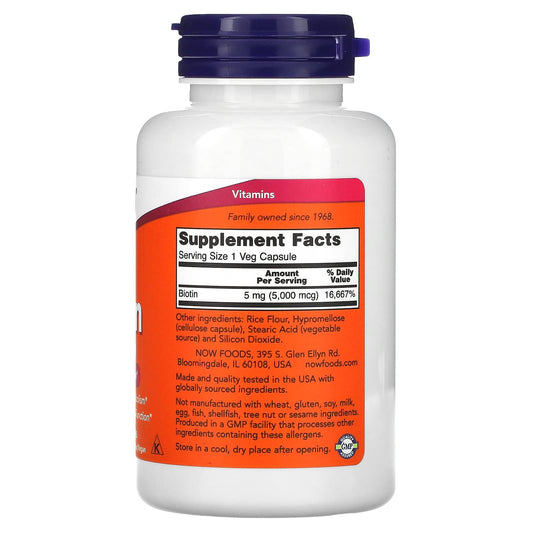 Frasco de Now Foods Biotina 5 mg con 120 cápsulas vegetarianas