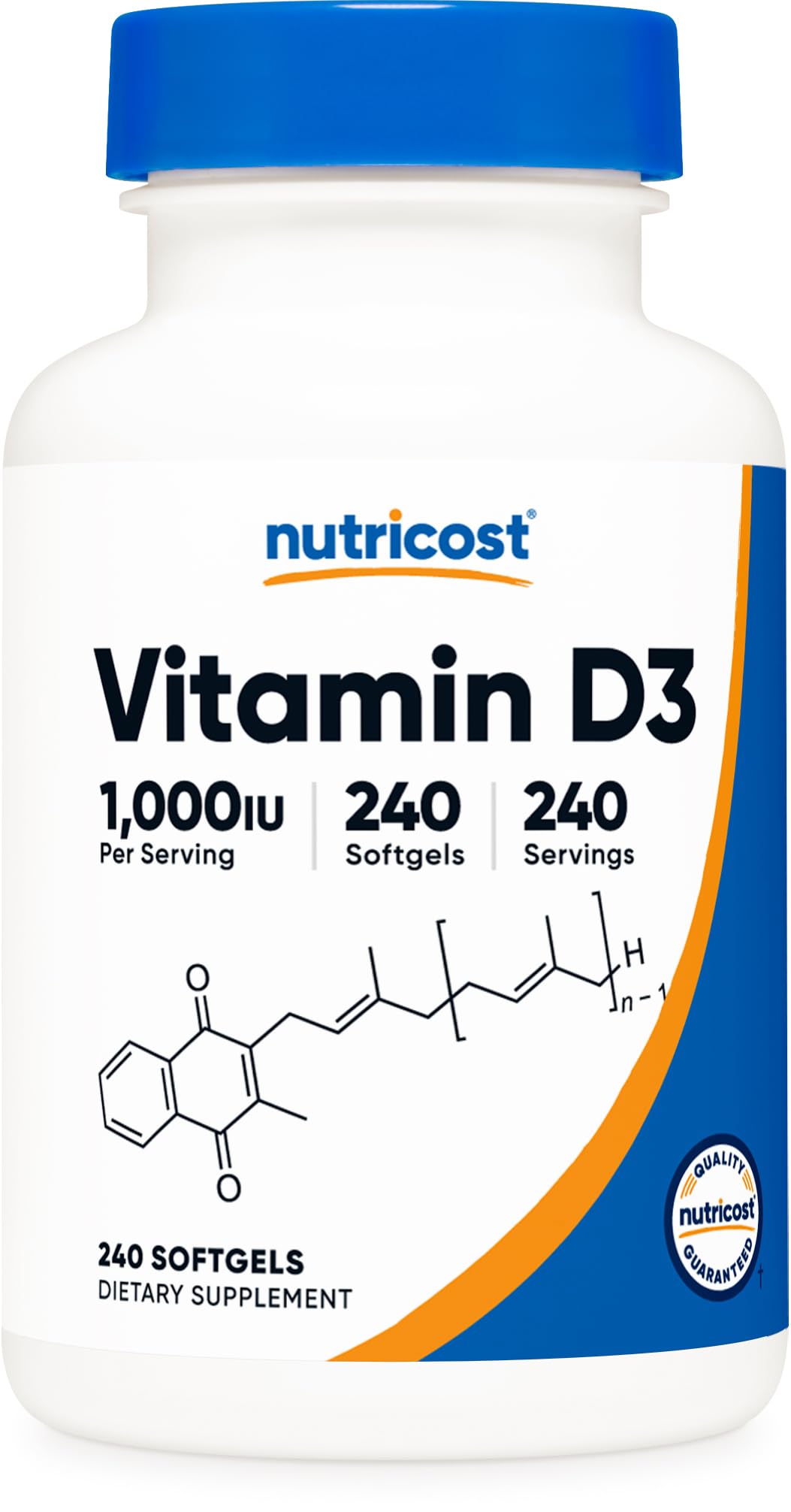 Frasco Nutricost vitamina d3 1000 iu 240 cápsulas blandas