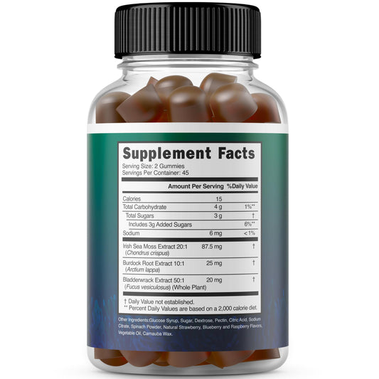 Frasco de suplemento alimenticio mostrando detalles nutricionales