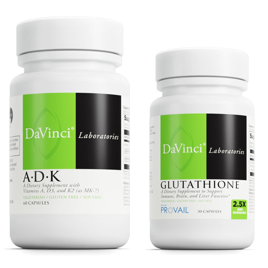Frascos de suplementos ADK y Glutatión DaVinci