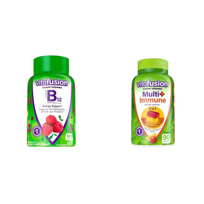 Frascos Vitafusion gomitas vitamina B12 y multivitamínico apoyo inmunológico