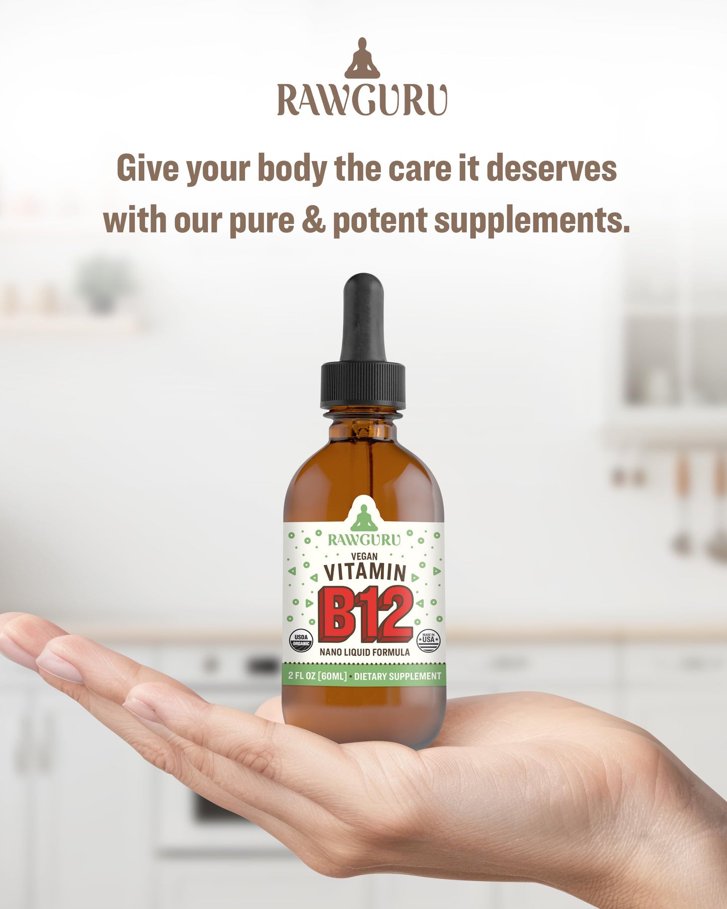 Frascos de vitamina B12 líquida RawGuru con certificación orgánica y vegana