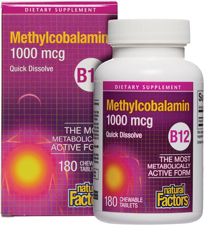 Frasco y caja de Vitamina B12 Metilcobalamina 1000 mcg Natural Factors