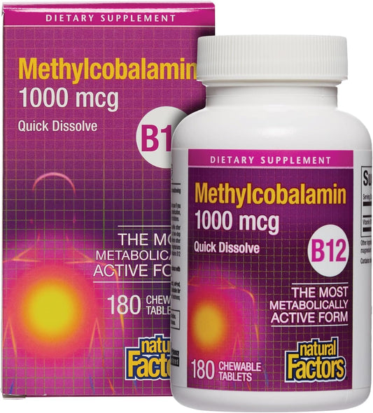 Frasco y caja de Vitamina B12 Metilcobalamina 1000 mcg Natural Factors