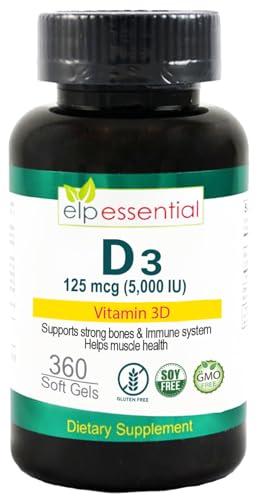 Frasco de ELP ESSENTIAL vitamina D3 5000iu con 360 cápsulas blandas