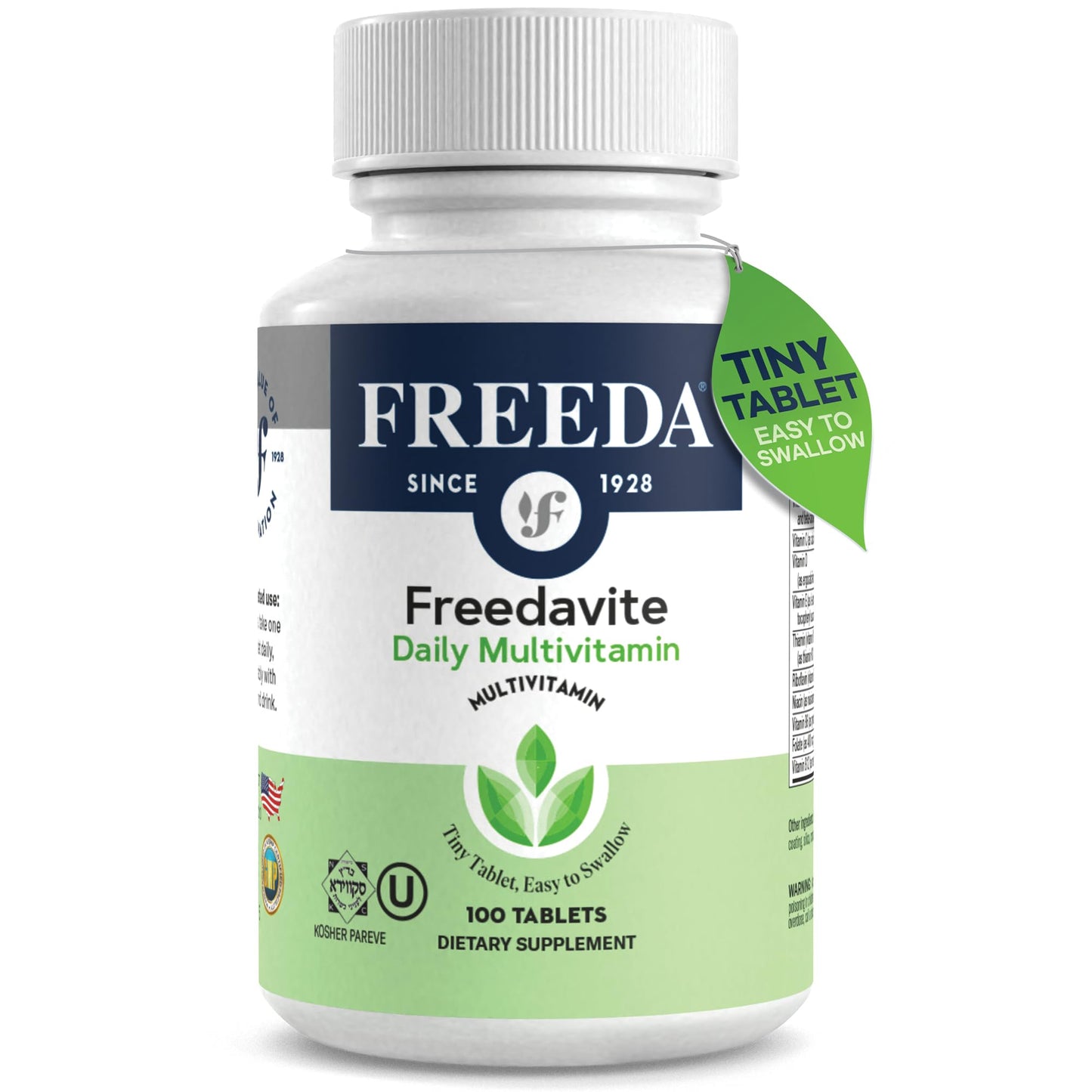Botella de Freedavite multivitamínico con 100 tabletas pequeñas.