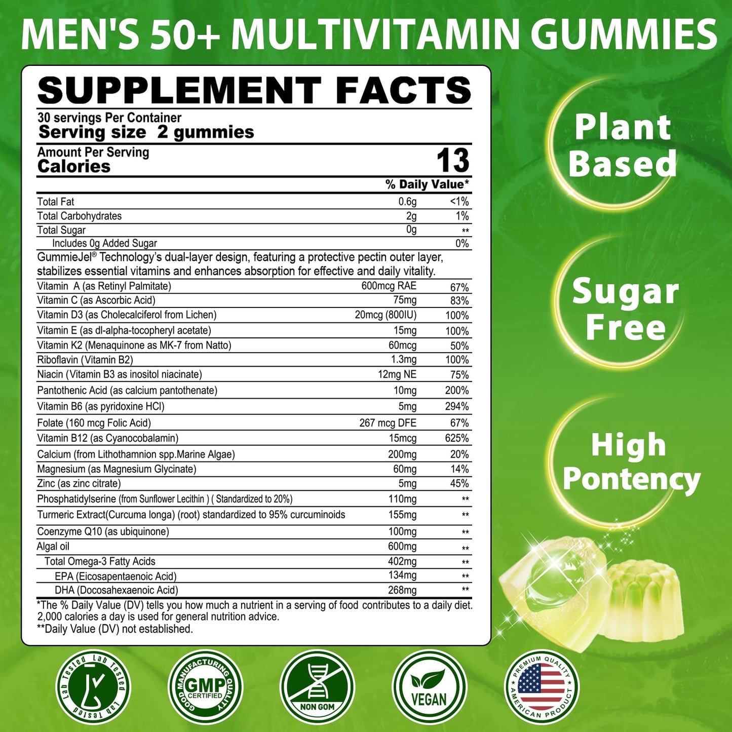 Frente del envase gomitas de vitamina c y multivitamínicas para hombres