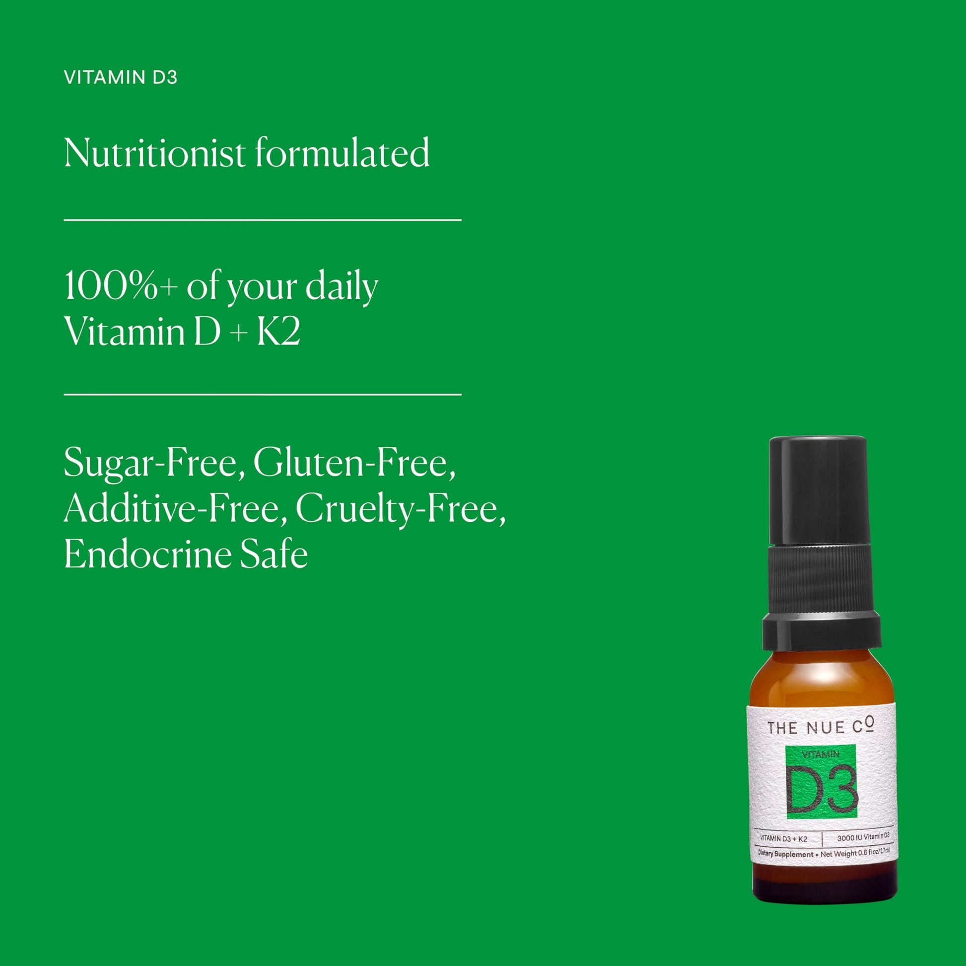 Frente envase The Nue Co spray vitamina d vegano sin gluten